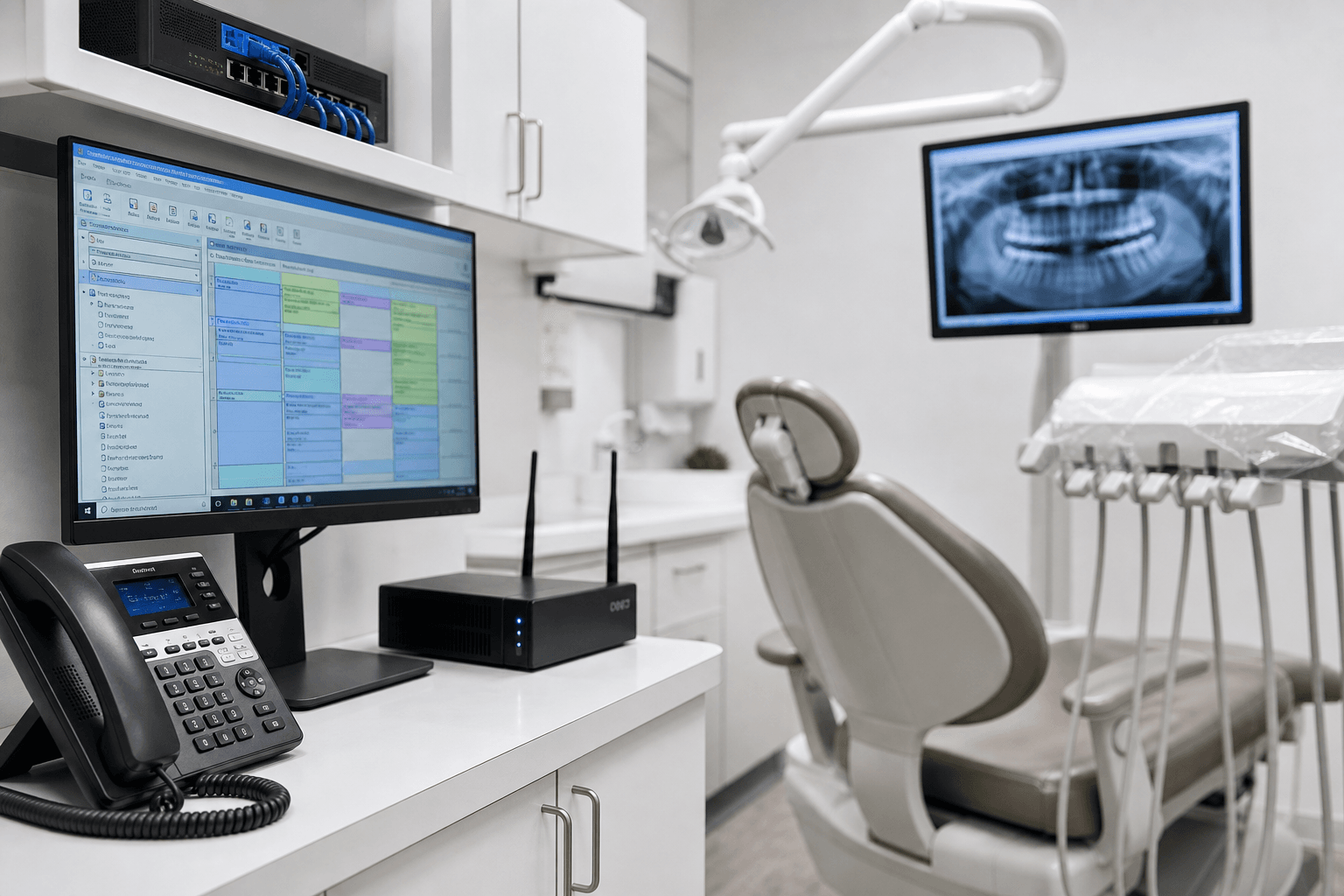 Dental office with technology setup.