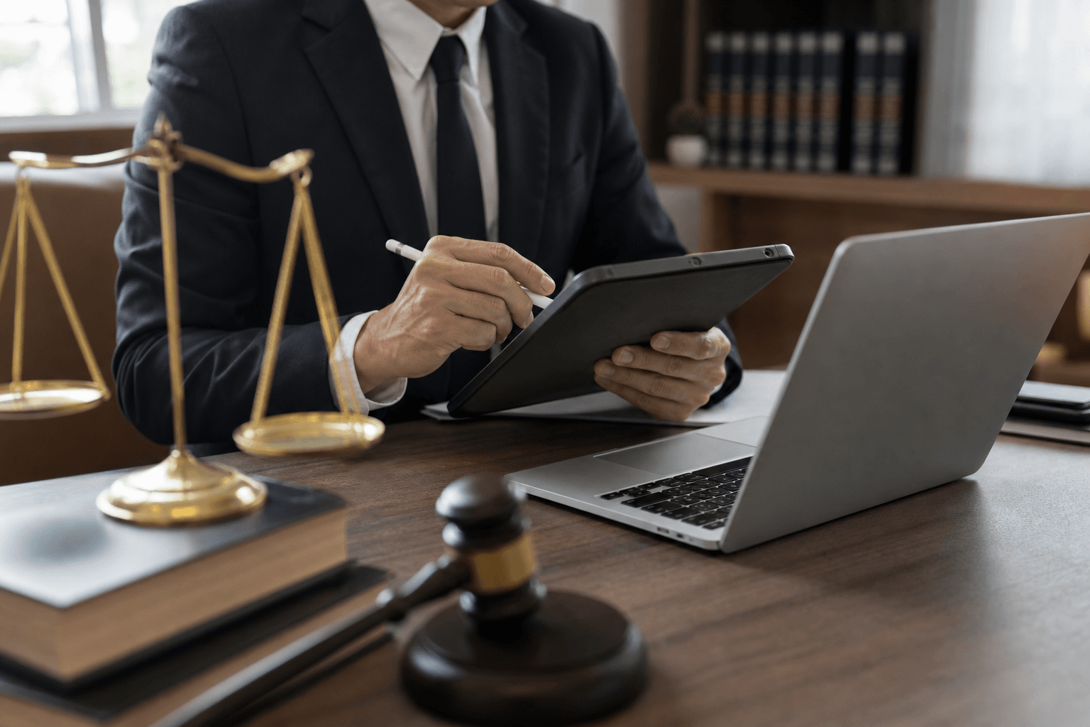 Lawyer using tablet and laptop.