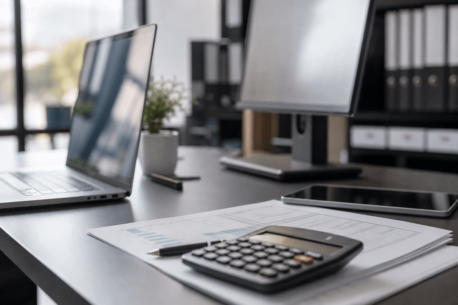Office desk with technology and documents